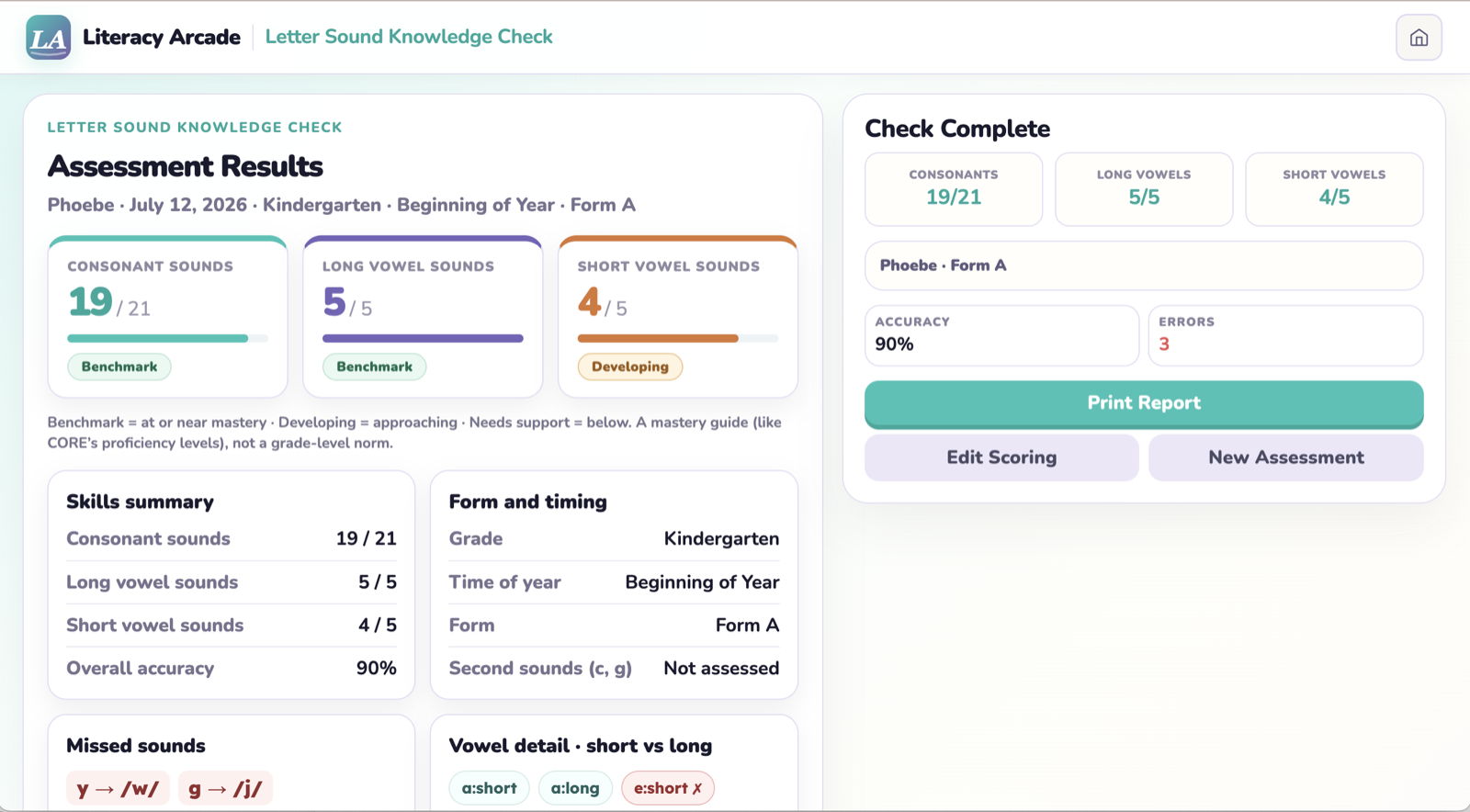 Letter Sound Knowledge Check results showing consonant and vowel-sound scores