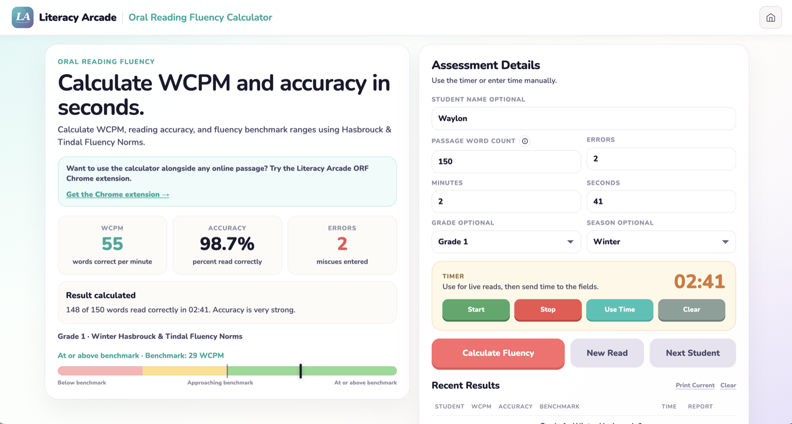 Oral Reading Fluency Calculator showing WCPM, accuracy, and benchmark results