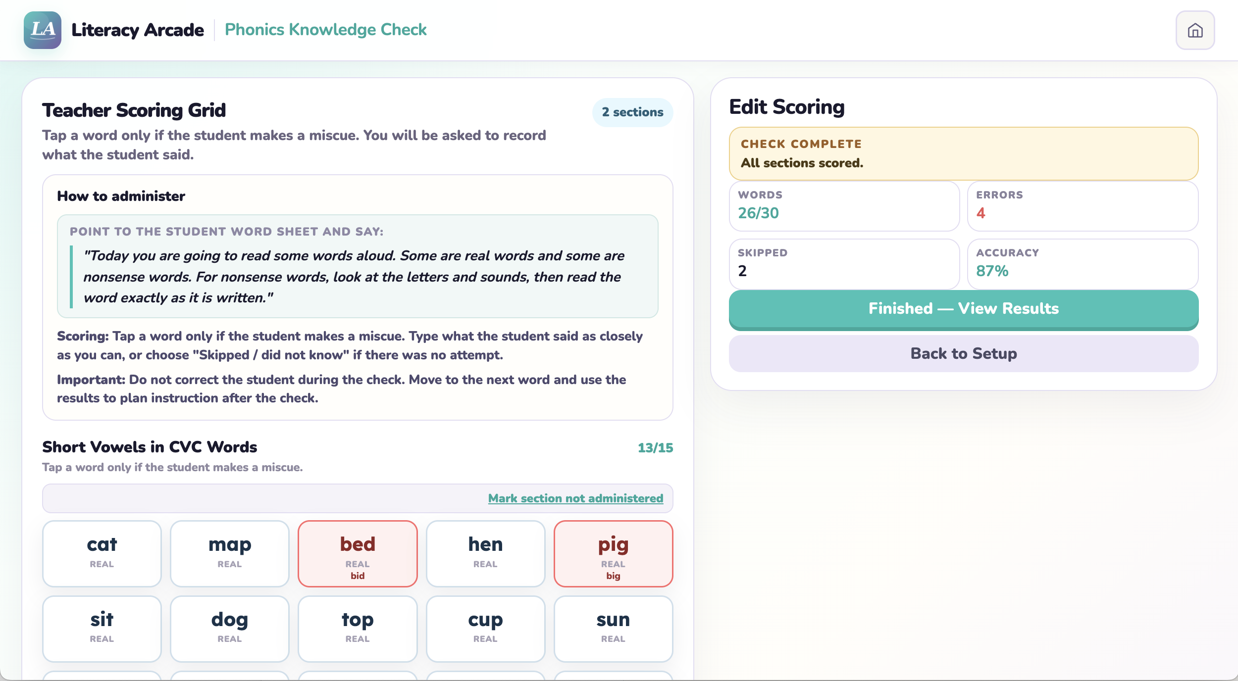 Teacher scoring grid for recording phonics miscues during an assessment