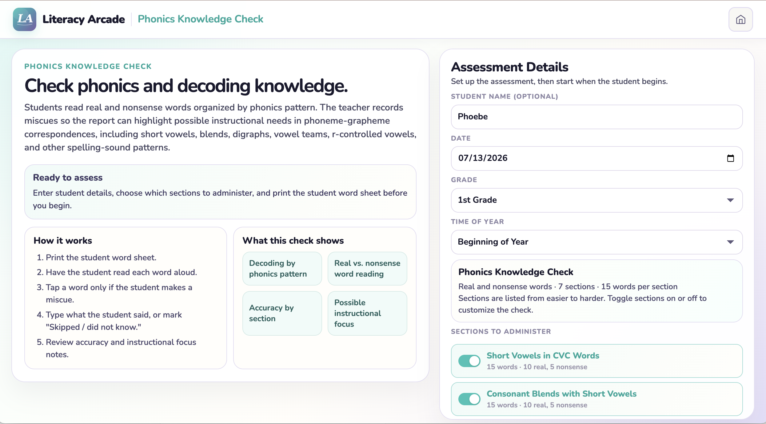 Phonics Knowledge Check setup screen with student details and selectable assessment sections