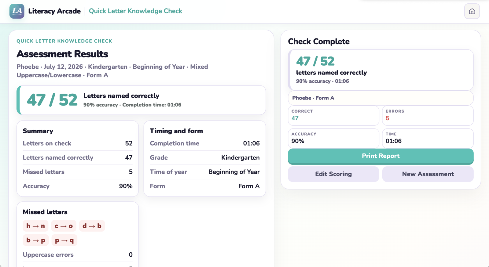 Quick Letter Knowledge Check results showing accuracy, timing, and missed letters