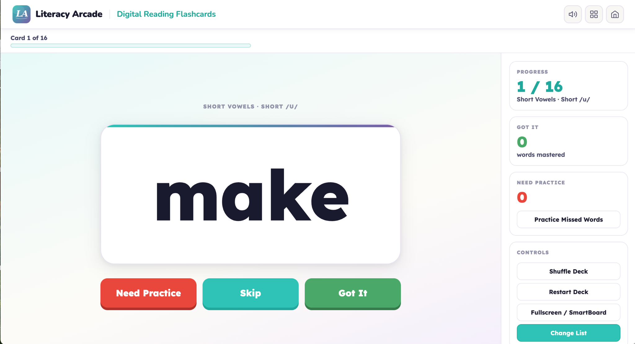Digital Reading Flashcards card showing the word make with progress, Need Practice, Skip, and Got It controls
