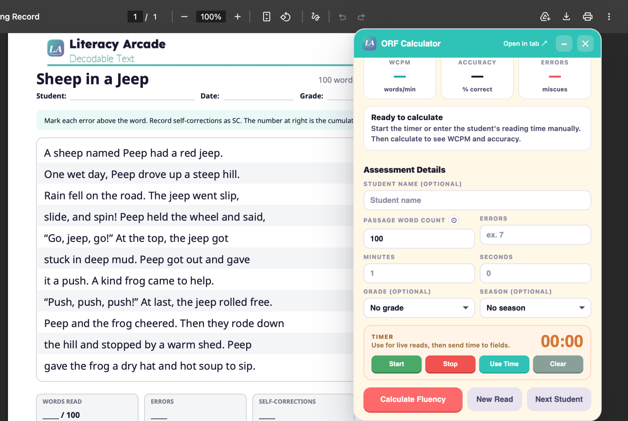 Oral Reading Fluency Calculator Chrome extension open beside a digital reading record