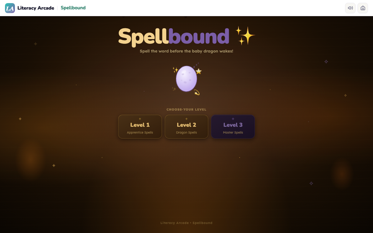 Spellbound game screen with Literacy Arcade header