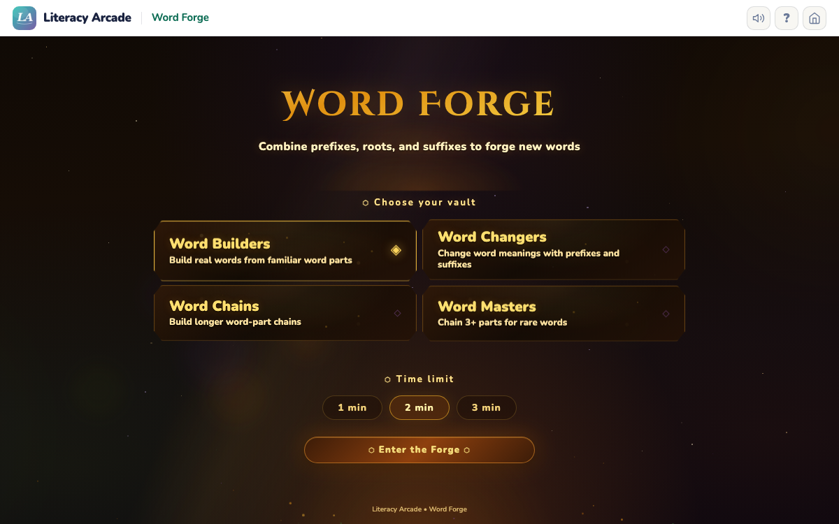 Word Forge game screen with Literacy Arcade header