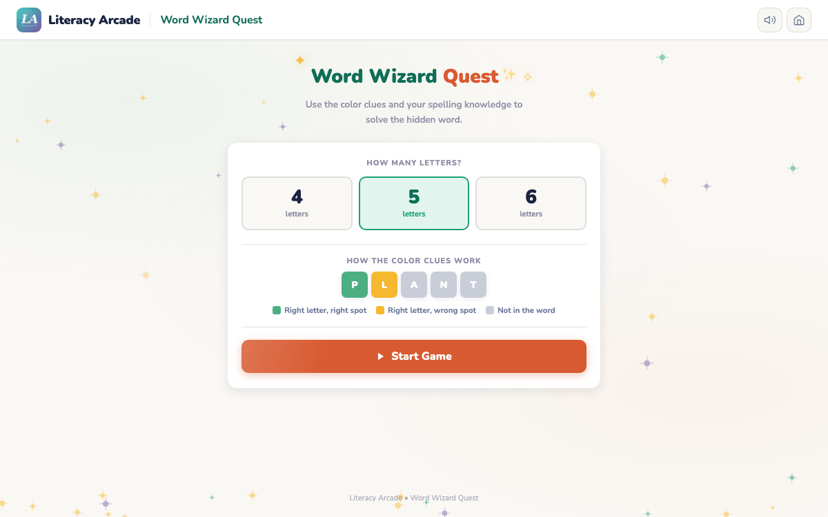 Word Wizard Quest game screen with Literacy Arcade header