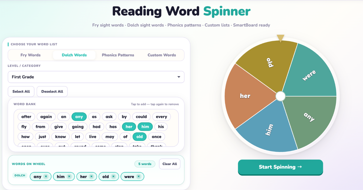 Reading Word Spinner preview