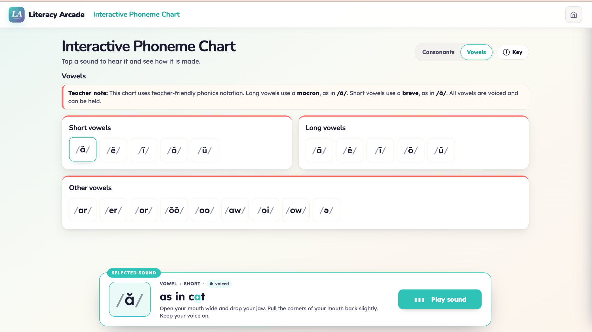 Interactive Phoneme Chart preview showing short and long vowels