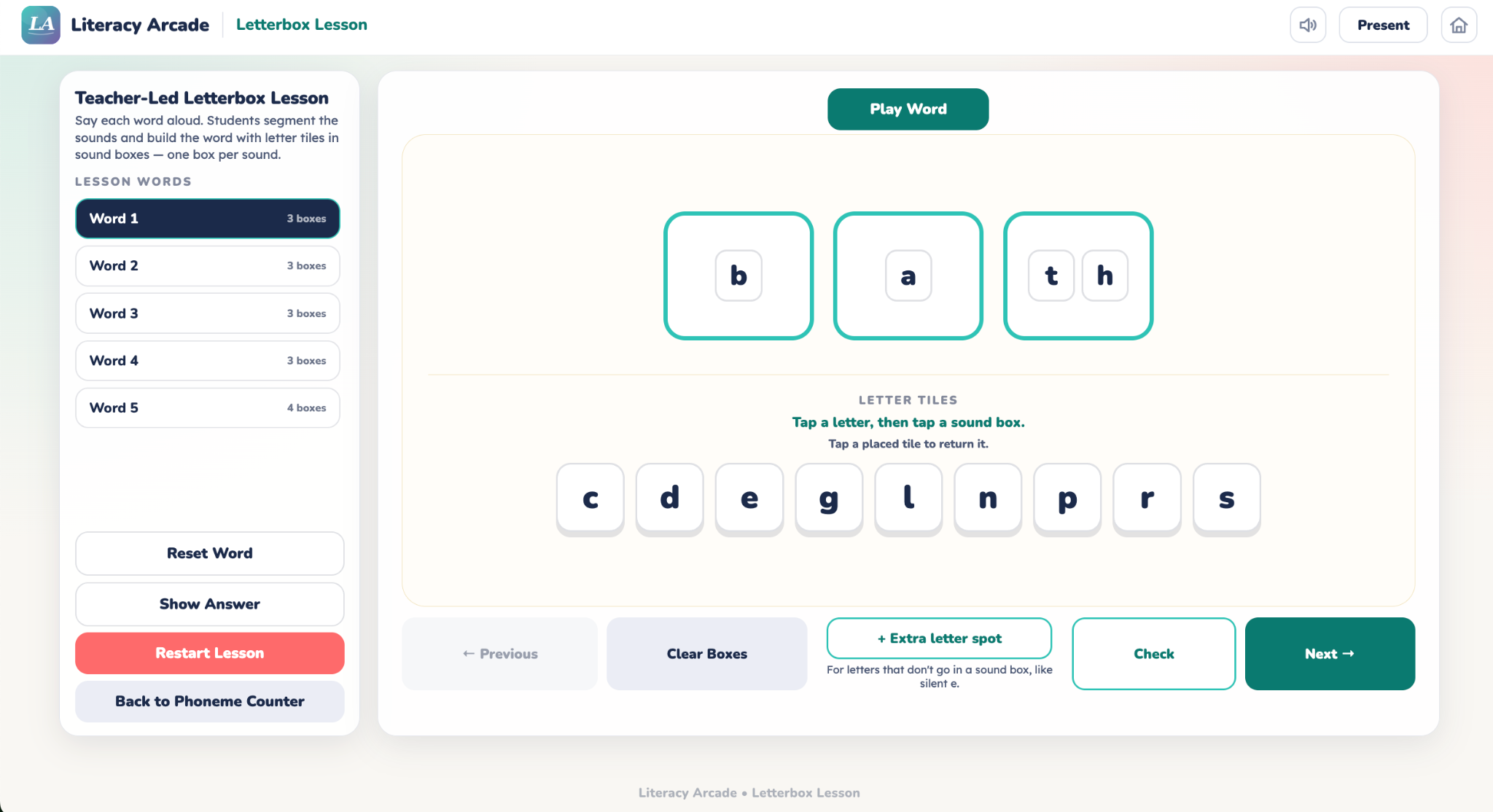 Teacher-led Letterbox Lesson with sound boxes and letter tiles