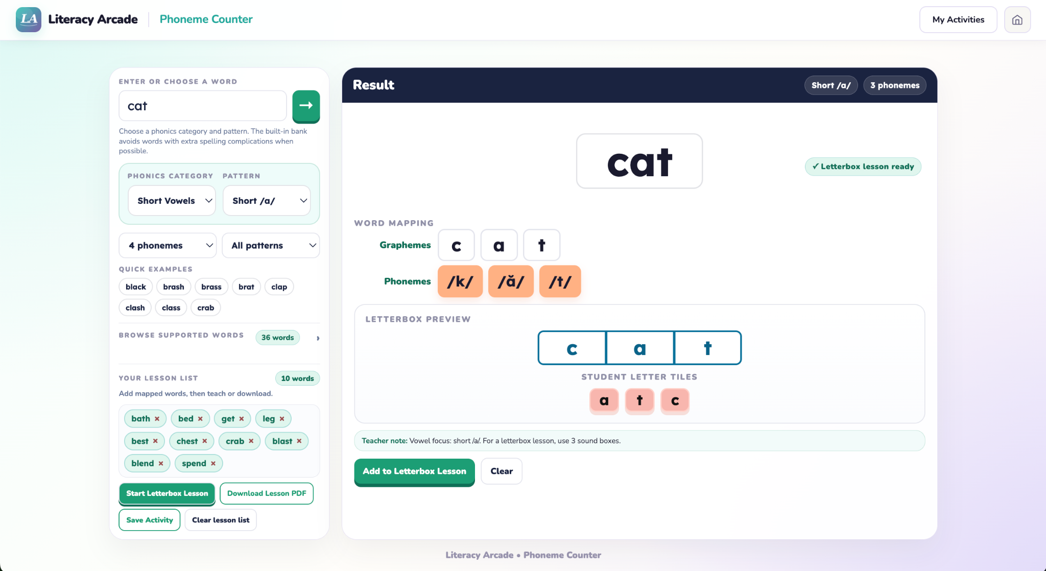 Phoneme Counter mapping the word cat and preparing a letterbox lesson